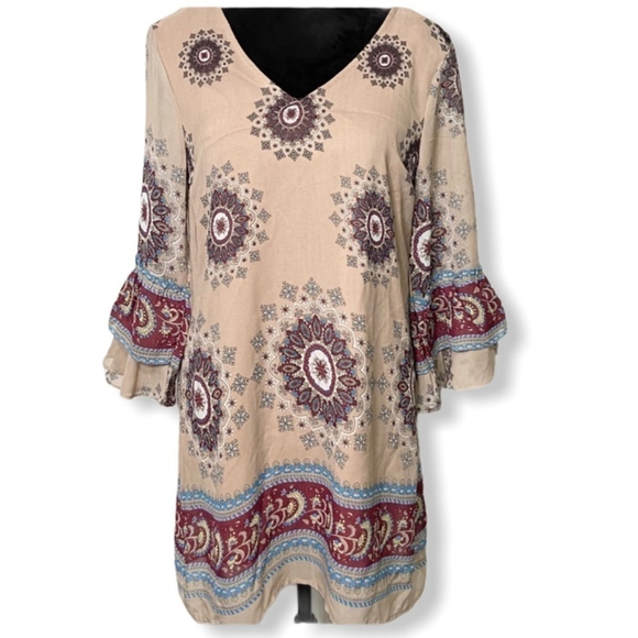 UMGEE NWT Boho Dress Tunic Tan Mandala Medallion Paisley Size Small - Picture 2 of 11